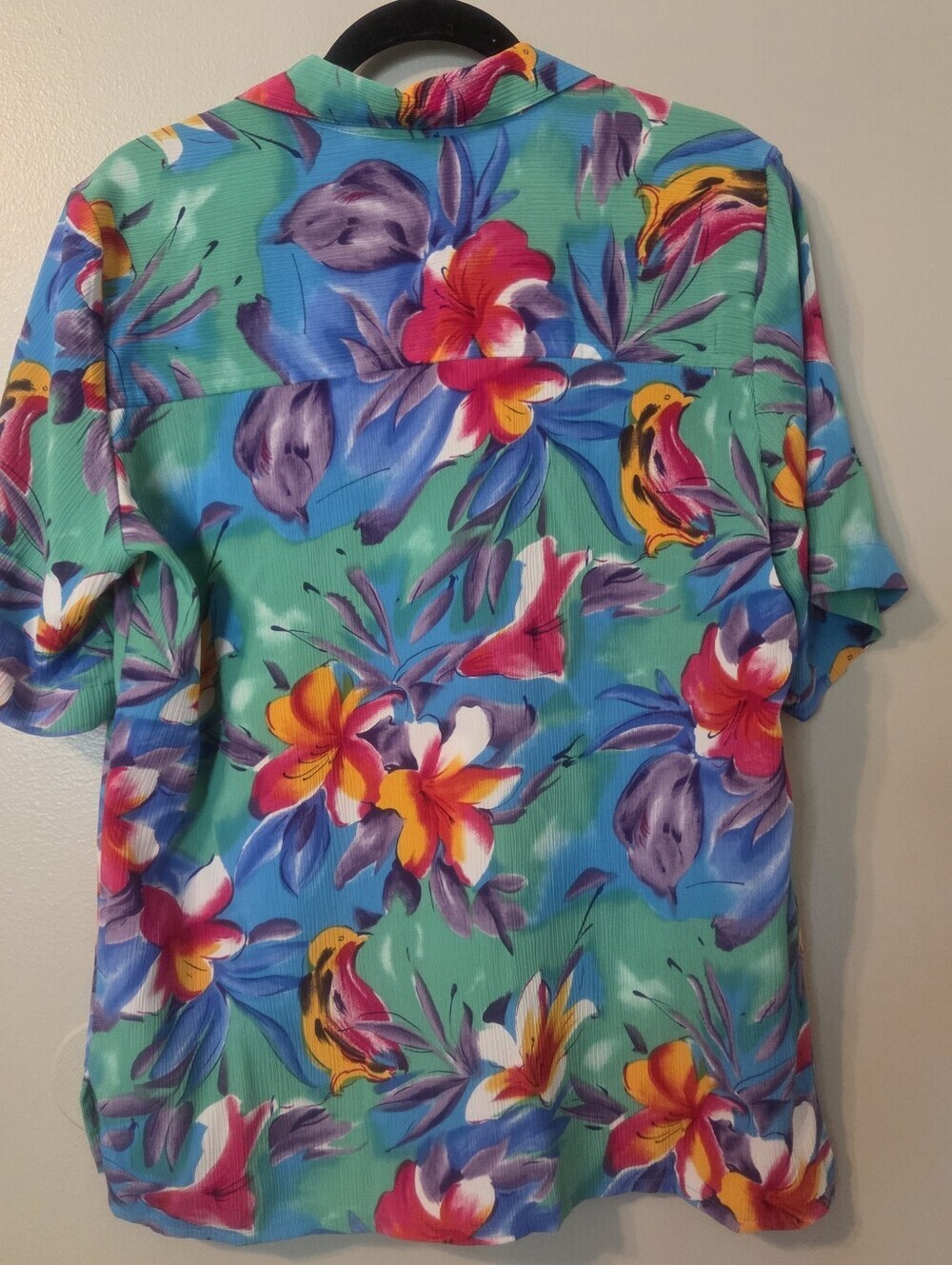 Vintage Women's Button Up Blue Floral Bird Tropical Hawaiian Beachy Shirt Sz 12 - Picture 2 of 5